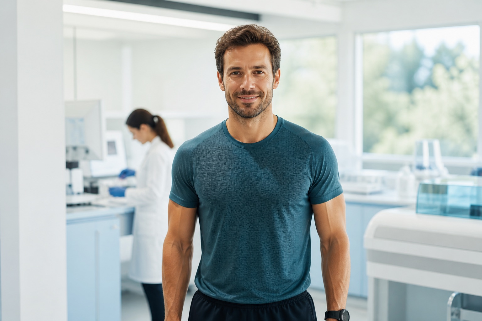 Sportif adulte dans un environnement de suivi biologique en laboratoire