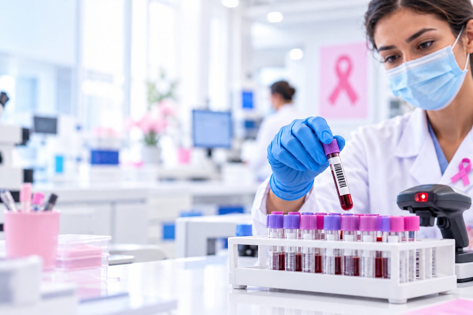 Une professionnelle de laboratoire manipule un tube de sang identifié par un code-barres